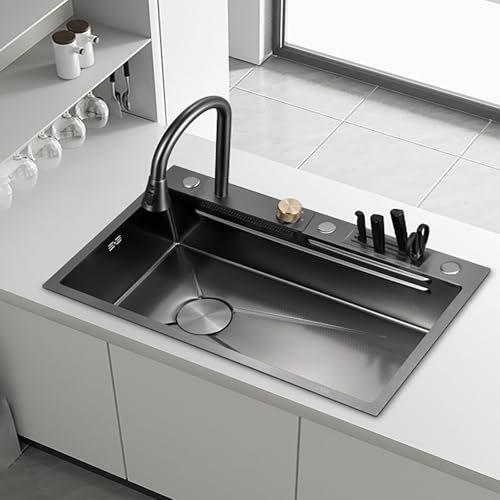 Fregadero Cocina Panal, Fregaderos en Cascada Bajo Encimera de Acero Inoxidable 304 Negro, Fregadero Multifuncional Independiente Bajo Encimera Modernos con Escurridor Para Vehículos Recreativos(80*46