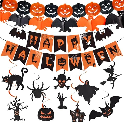 NEERIX Halloween Deko Innen Set,Halloween Hängende Wirbel Dekoration, Gruselige Girlanden, Spiralen und Banner für epische Horrorpartys Hängedekorationen für Gärten, Klassenzimmer und mehr