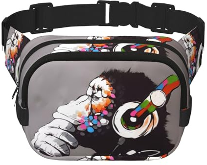 Monkey Music Sac banane carré double couche – Sac banane unisexe partout avec sangle réglable, course à pied, voyage, noir, taille unique