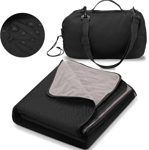 Tranqun 1 Large Outdoor Blanket 78'' x 55'' Quilted Windproof Waterproof Fleece Sandproof Stadium Foldable Warm Blanket for Camping Picnic Sporting Events Cold Weather (Black)