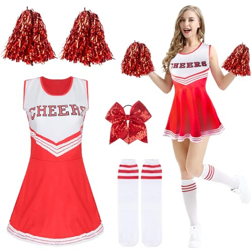 Moiuguli Cheerleader Kostüm Damen, Cheerleader Outfit Cheerleader Kostüm mit Cheerleader Pompons und Socken, Superstar Cheerleader Costume für Karneval Kostüm Damen und Partei