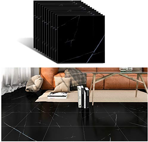 VEELIKE Vinylboden Marmor Schwarz PVC Bodenbelag Selbstklebend 12 Stück PVC Fliesen Selbstklebende Bodenfliesen Wohnzimmer Vinyl Bodenbelag Garage Fliesenaufkleber Boden Badezimmer 30 cm x 30 cm
