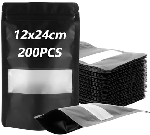 Oungy 200 Pièces Sachet Kraft Alimentaire, Réutilisables Emballage Alimentaire, Pochette Kraft avec Fermeture Zip et FenêTre Transparente, pour Noix, CéRéales, Grains de Café, etc (Noir, 12x24 cm)