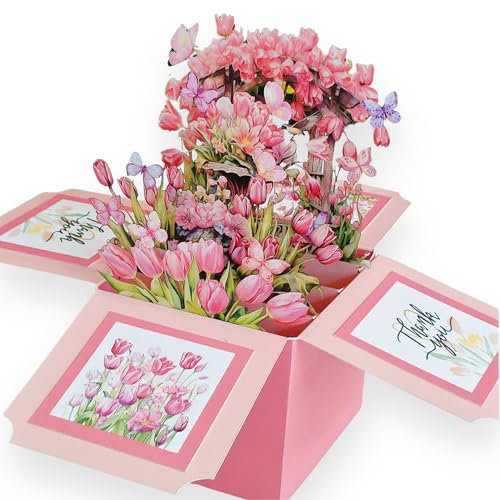 JanYoo 3D Pop Up Karte Tulpenstrauß Grußkarte, Muttertag Feste Grußkarte Cards Mit Umschlägen, 3D Blumenstrauß Grußkarte für Mama Frauen Familie und Freunden