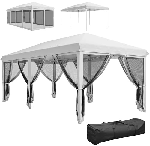 Outsunny Carpa Plegable Pop-Up Gazebo 6x3 m Cenador Plegable con 6 Paredes Laterales de Malla Anti-UV y Bolsa de Transporte para Camping Fiestas Crema
