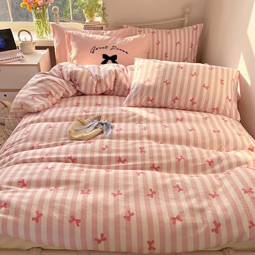 Covebett Bettwäsche 135x200 2teilig Weiß Rosa Gestreift Schleifen Mädchen | Bettbezug Set Microfaser Weich, Kawaii, Streifen, Schleifenmuster, Deckenbezug und 1 Kissenbezug 80x80 cm, mit Reißverschluss