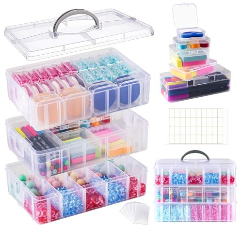 Anstore 3 Etagen Stapelbare Sortierbox Transparent Kunststoff mit Tragegriff, 45 Kleine Aufbewahrungsbox 5 Größen mit Klappdeckel für Kleinteile&1 Groß Aufbewahrungsbox für Kunsthandwerk, Nähwerkzeuge