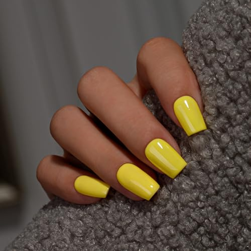 KQueenest Press on Nails Kurz Mittel – Sheer Gelb Nägel zum Aufkleben, Einfarbig Eckig Fake Nails Yellow, Sarg Künstliche Nägel Set für Frauen & Mädchen, 28 Stück