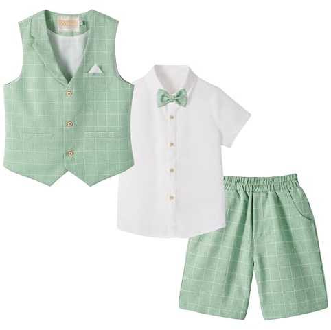 LOLANTA 4 st sidor pojke kostymer bröllop, barn sommar kort kostym set, ceremoni dop festkläder, väst shorts skjorta med fluga för 2-12 år, Salviagrön, 5-6 Years