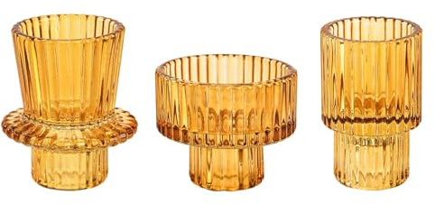 Doolitt Candle Holders Set of 3, Votive Glass Candle Stick Holders, Pillar Taper Decor Centerpiece for Table,Crystal Tea Light Candle Holders for Home Dinning Wedding Party Festival (3, Amber)