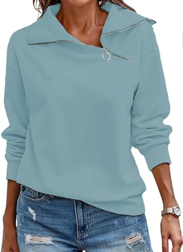 Cuptacc Tröja Dam Höst Långärmad T-shirt Dam Med Ståkrage Avslappnad Ren Färg 1/4 Dragkedja Pullover, Ljusblå, M