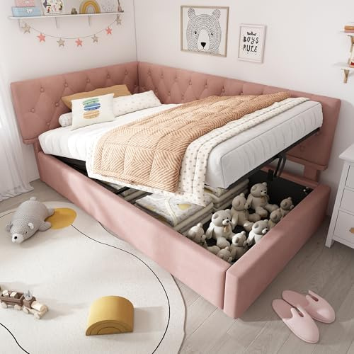 Kebnor Polsterbett Tagesbett Daybett 90x200cm, Schlafsofa mit hydraulischem Stauraum, Kinderbett Jugendbett Bettgestell mit Lattenrost aus Holz, Samt(ohne Matratze.) (Rosa)