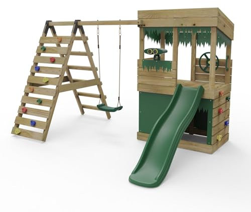 Rebo Lookout Tower Playhouse with Swing and Climbing Wall plus 6ft Slide - Ascent