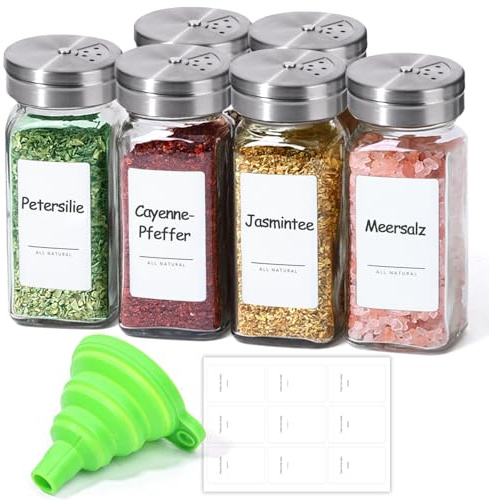ComSaf Spice Jars with Lids & Labels 6 Pack, 120ml Square Small Glass Spice Containers with Adjustable Stainless Steel Shaker Tops & Funnel, Herb Jars Seasoning Jars for Rack, Drawer, Organiser