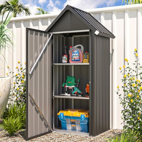YODOLLA Abri de Jardin Métal, Cabane de Rangement Tout Climat, Résistant aux Intempéries (Pluie, Vent, Soleil)， Porte Fermeture Sécurisée et 3 Étagères Amovibles, 84x55x178cm, Gris foncé