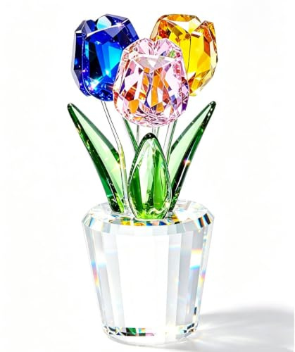 JUUDDENPARTS Crystal Multicolour Tulip Bouquet Ornament, Glass Coloured Decorative Piece for Girlfriend,Wife, Suitable for Romantic Valentine's Day, Christmas, Birthdays, and Various Occasions