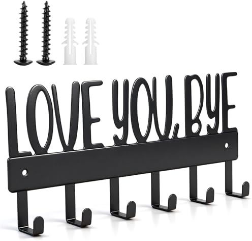 QESSUVNC Key Holder for Wall, Love You Bye Metal Key Hook with 6 Hooks, Black Key Rack Home Decor for Hallway Entryway Kitchen Bedroom Living Room Bathroom Office