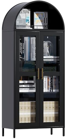 LOCENHU 185 cm Metallschaukasten, Vitrinen-Schrank mit Gewölbtem Oberteil, mit 2 Glastüren und 2 Regalen, Küchenschrank, Glasvitrine für Wohnzimmer und Schlafzimmer, Schwarz