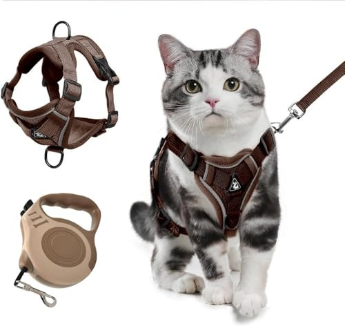 XFSRG Ausbruchsicheres Katzengeschirr für Kätzchen und Welpen als atmungsaktive Netzjacke mit Reflektorstreifen für Outdoor Abenteuer (Braun S)
