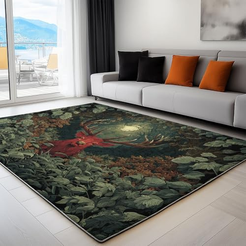 Teppich Wohnzimmer Kinderzimmerteppich Krabbelteppich Spielteppich Antirutsch - Waschbar Fantasie Nacht Wald Hirsch Kurzflor Teppiche Junge Mädchen, Grün 120 x 160 cm