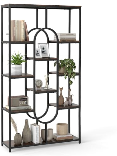 COSTWAY 8/10-Tier Bookshelf, Industrial Etagere Bookcase with Open Storage Shelves, Freestanding Metal Frame Tall Display Shelf Storage Organizer (Rustic Brown + Black, 95 x 30 x 175 cm, 10)