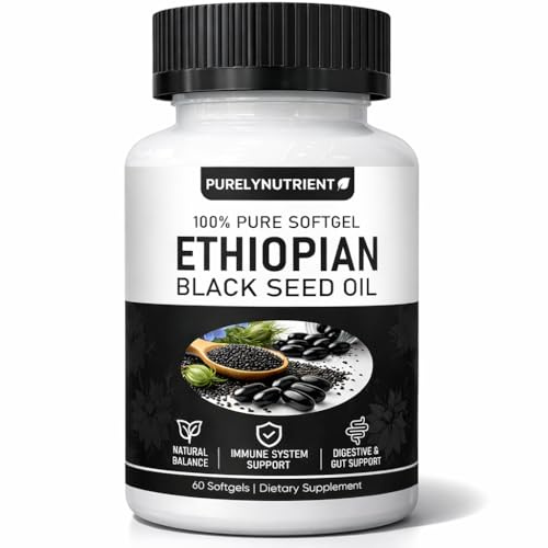 Ethiopian Black Seed Oil, Purely Nutrient Ethiopian BlackSeed Oil Capsules with Thymoquinone, Organic Cold-Pressed, 60 Softgels