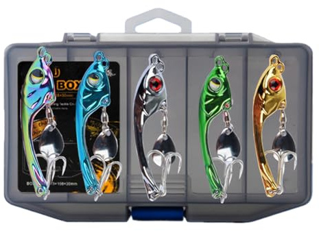 5 Stück Angelköder, Barschköder 10g/15g Jig Spinner Set in Köderbox für Süß- und Salzwasser, Metall Raubfischköder für Barsch Hecht Zander Döbel Forelle Wobbler