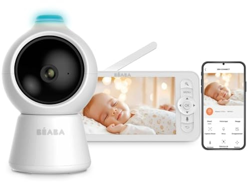 BÉABA Zen Smart AI - 3-i-1 ansluten videobabymonitor med 360° Full QHD-kamera, 4MP HD-skärm, 720p HD-skärm, mobilapplikation, AI bakåtdetektering, nattsyn, nattlampa, walkie-talkie, VOX, vit