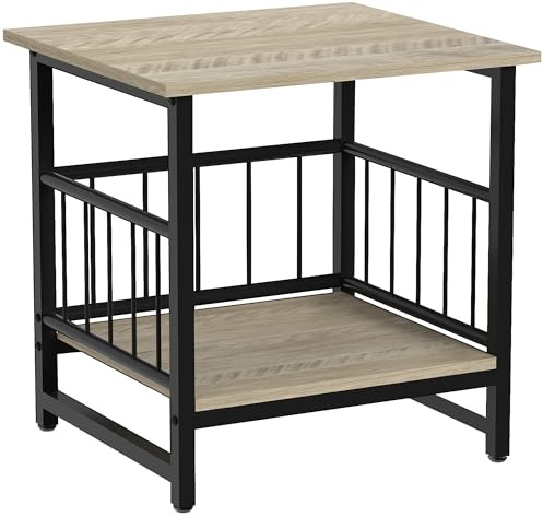 DHMAKER End Table, Industrial Side Table with 2-Tire Storage Shelf, 180LBS Mini Fridge Stand with Adjustable Feet, 18x18 Wood Night Stand Small Bedside Table for Living Room Bedroom, Grey