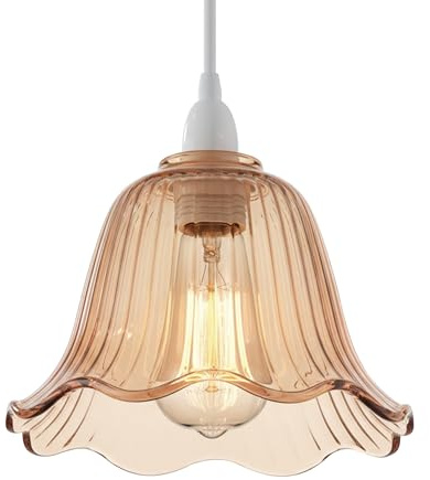 Amber Glass Lamp Shade 11.5cm Vintage Ribbed Ceiling Light Shade E14 Fit Pendant Lampshade Retro Scalloped Replacement for Bedroom Living Room Kitchen