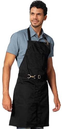 Under NY Sky No-Tie Deep Black Apron - Durable Twill with Leather Reinforcement and Split-Leg - Adjustable for Men and Women - Pro Barber, Tattoo, Barista, Bartender, Baker, Hair Stylist, Server Apron