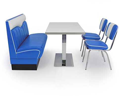 möbelland24 American Diner Sitzgruppe blau: Sitzbank London 120cm + Diner Tisch + 2X Retro Stuhl