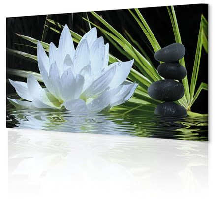 decomonkey Wandbilder Zen Blumen 150x50 cm 1 Teilig Leinwandbilder Wanddeko | Bild auf Leinwand, Kunstdruck, Wohnzimmer, Wanddekoration, Wasser, Stein, Weiß, Schwarz