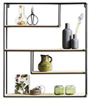 LIFA LIVING Wandregal aus MDF Holz & schwarzem Metall mit 4 Böden, Vintage Schweberegal im Naturstil, Hängeregal mit 4 Etagen, Gewürzregal in 70 x 60 x 11 cm