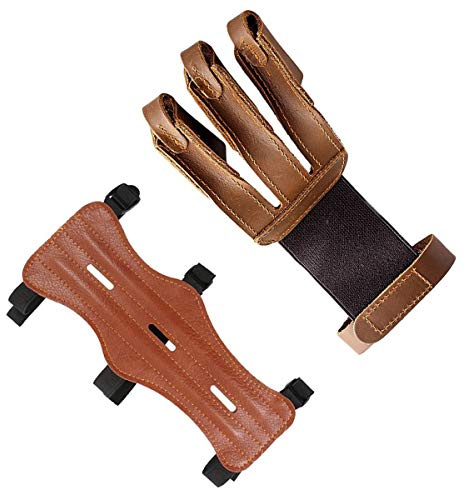 Techson Archery Arm Guards and Finger Gloves, Adjustable Protective Leather Bow Range with 3 Strap Buckles, Shooting Hunting Arrow Bow Three Finger Tab Guard (Brown)