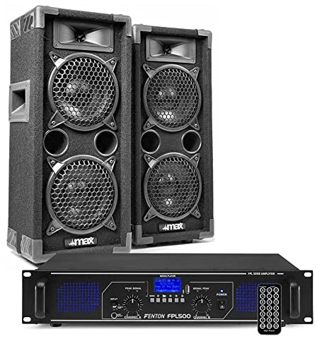 Fenton Kit DJ Max26 2 Enceintes avec Amplificateur - 1200 Watts, avec Fonction Bluetooth et Lecteur MP3, Télécommande Incluse, Câbles Fournis, Idéal pour Les DJs Débutants