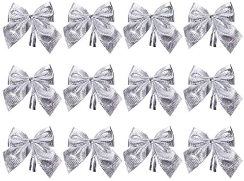 Amosfun 12 Stück Glitzer Weihnachtsbögen Silber Bowknots Mini Satin Band Schleifen Weihnachtsbaum Hängen Dekorationen Ornamente