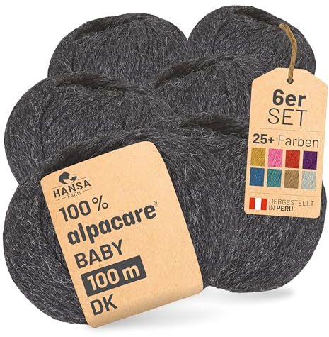 HANSA-FARM | Alpacare 100% die 1. maschinenwaschbare Baby Alpakawolle - 300 Set DK (6 x 50g) - kratzfreie Alpaka Wolle zum Stricken & Häkeln - Anthrazit