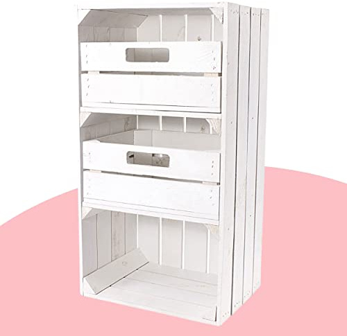 Truhenking Weiße Regalkiste mit 2 Schubladen 68cm x 40cm x 31cm Obstkisten Schrank Holzbox Shabby chic Weiss Nachttisch Nachtschrank DIY modern Möbel Garten Weinkisten