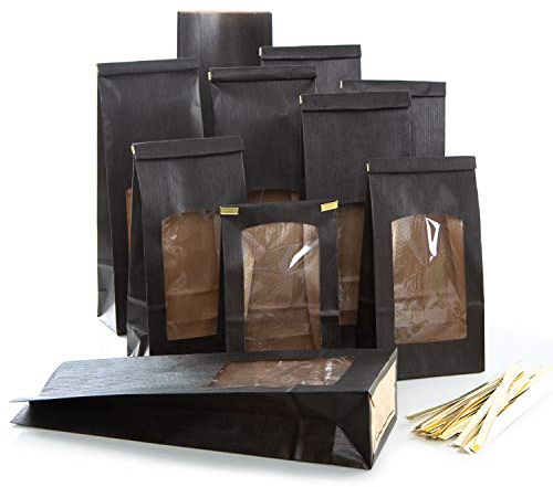 Logbuch-Verlag 10 kleine Lebensmittel Tüten mit Fenster schwarz Blockbodenbeutel als Verpackung für Tee Kaffee Nudeln & Gebäck 10,5 x 6,5 x 31 cm