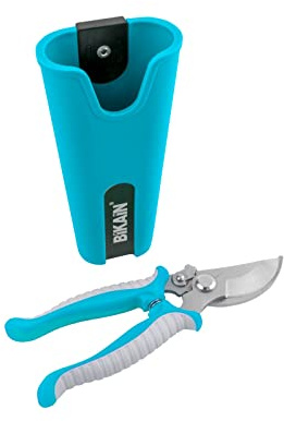 Kit de Tijera de Poda a 1 Mano y Funda - Modelo 35RKIT1 - Corte Bypass - Cuchilla de Acero Inoxidable - Mango Bimaterial, Ergonómico y Antideslizante - Funda Flexible Multiusos - Color Azul - Bikain