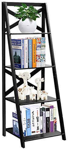 COSTWAY 4-Tiers Ladder Shelf, Modern Leaning Bookcase Plant Flower Stand, Home Office Storage Unit Organiser Display Rack for Living Room Bedroom (Black)