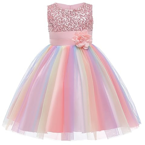 Ragazze Principessa Abito Paillettes Tulle Fiore Arcobaleno Colletto Rotondo Senza Maniche Abito Formale Festa di Compleanno Matrimonio Damigella D'onore Ragazza Abiti da Sera per 3-9 Anni(rosa)