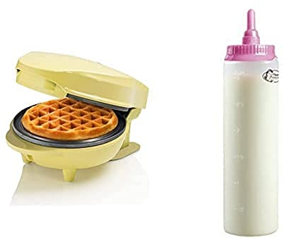 Bestron Mini-Waffeleisen, inkl. Teigportionierer für 700ml mit Skala, Ideal zum Befüllen des Waffeleisens, Farbe Gerät: Gelb, Teigflasche: Weiß