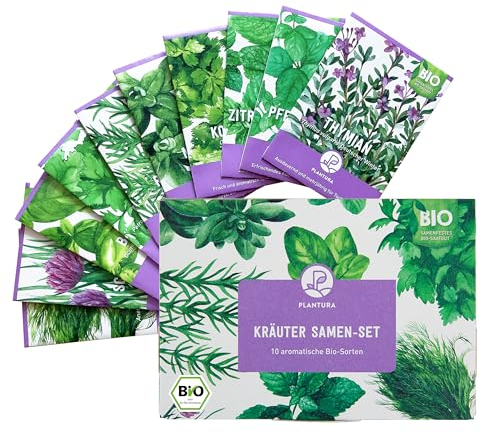 Plantura Bio-Kräuter Samen-Set, samenfestes Bio-Saatgut, keimstark für Topf & Beet, 10 aromatische Sorten, für bis zu 200 Pflanzen