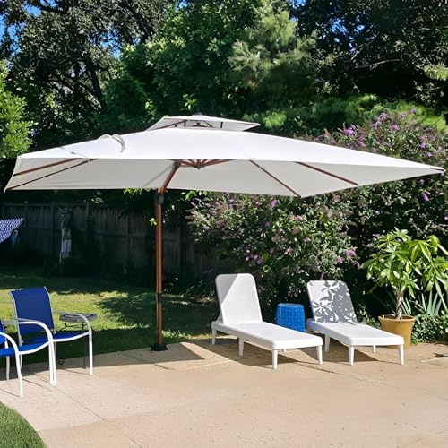 PURPLE LEAF Parasol De Jardin Extérieur, Parasol Déporté 2,7 x 3,65 m Rectangulaire, Grain de Bois en Aluminium, Toit à Double Rotatif 360°, Anti-UV, Convient aux Villas Haut de Gamme, Crème