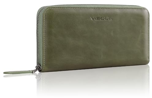 VISOUL Portafoglio Lungo da Uomo in Vera Pelle con Cerniera, Portafoglio da Uomo in Pelle di Grande Capacità con Blocco RFID, Portafogli Lungo in Contanti con 12 Porta Carte di Credito (Verde Oliva)