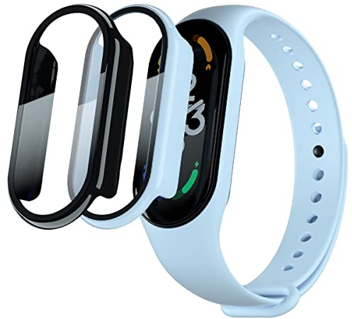 Acadeny - Carcasa protectora de pantalla de cristal templado para xiaomi Band 7, carcasa protectora de 9H de dureza 360 grados, carcasa protectora de PC ultrafina para -negro+azul