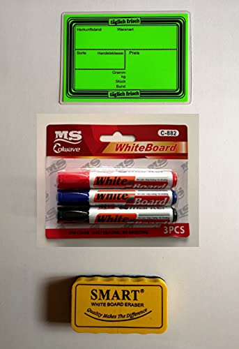 20 laminierte Preisschilder 111 x 154 mm neon-grün + 3 Marker + 1 Schwamm zum Löschen für Obst und Gemüse mit Aufdruck