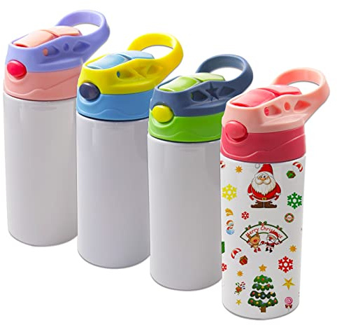 Sublimationsbecher für Kinder, 340 ml, Sublimationsbecher für Kinder, isolierte Trinkflasche aus Edelstahl mit auslaufsicherem Strohhalm-Deckel und Griff (vier Farben), 4 Stück